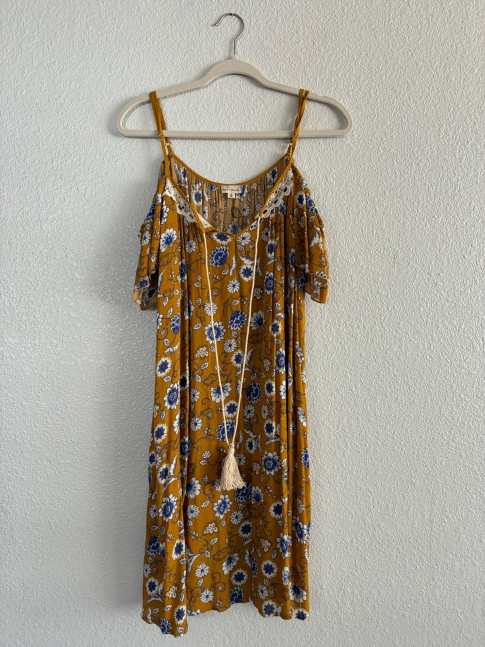 Hem & Thread Mustard Yellow Floral Cold-Shoulder Midi Dress